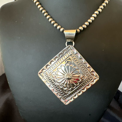 H Joe Handmade Stamped Pendant Navajo Sterling Silver Necklace 3.5" 18982