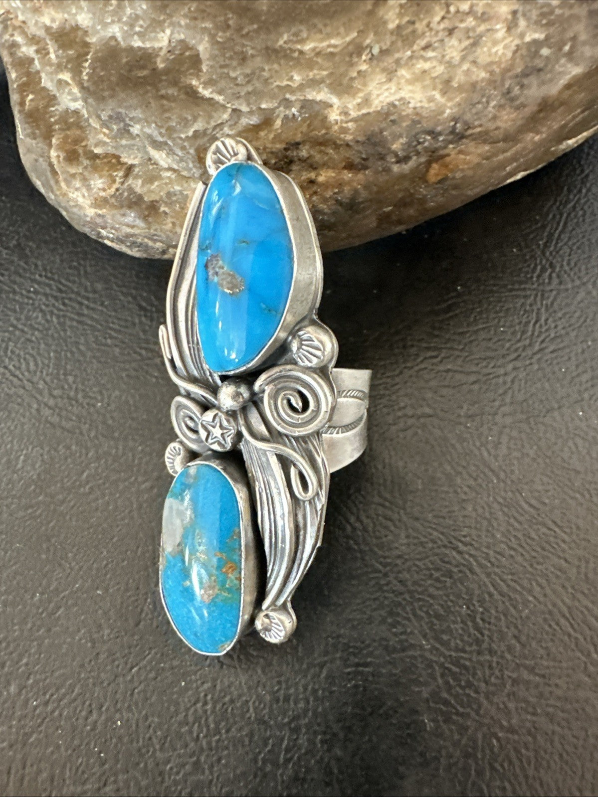 XL Navajo Cluster Blue Kingman Turquoise Sterling Silver Ring Sz 7 18990
