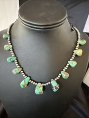 Green Turquoise Teardrop Beads Necklace 20" | Sterling Silver | Authentic Native American Handmade | 18985