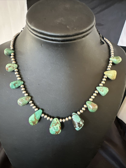 Green Turquoise Teardrop Sterling Silver Beads Necklace 20" 18985