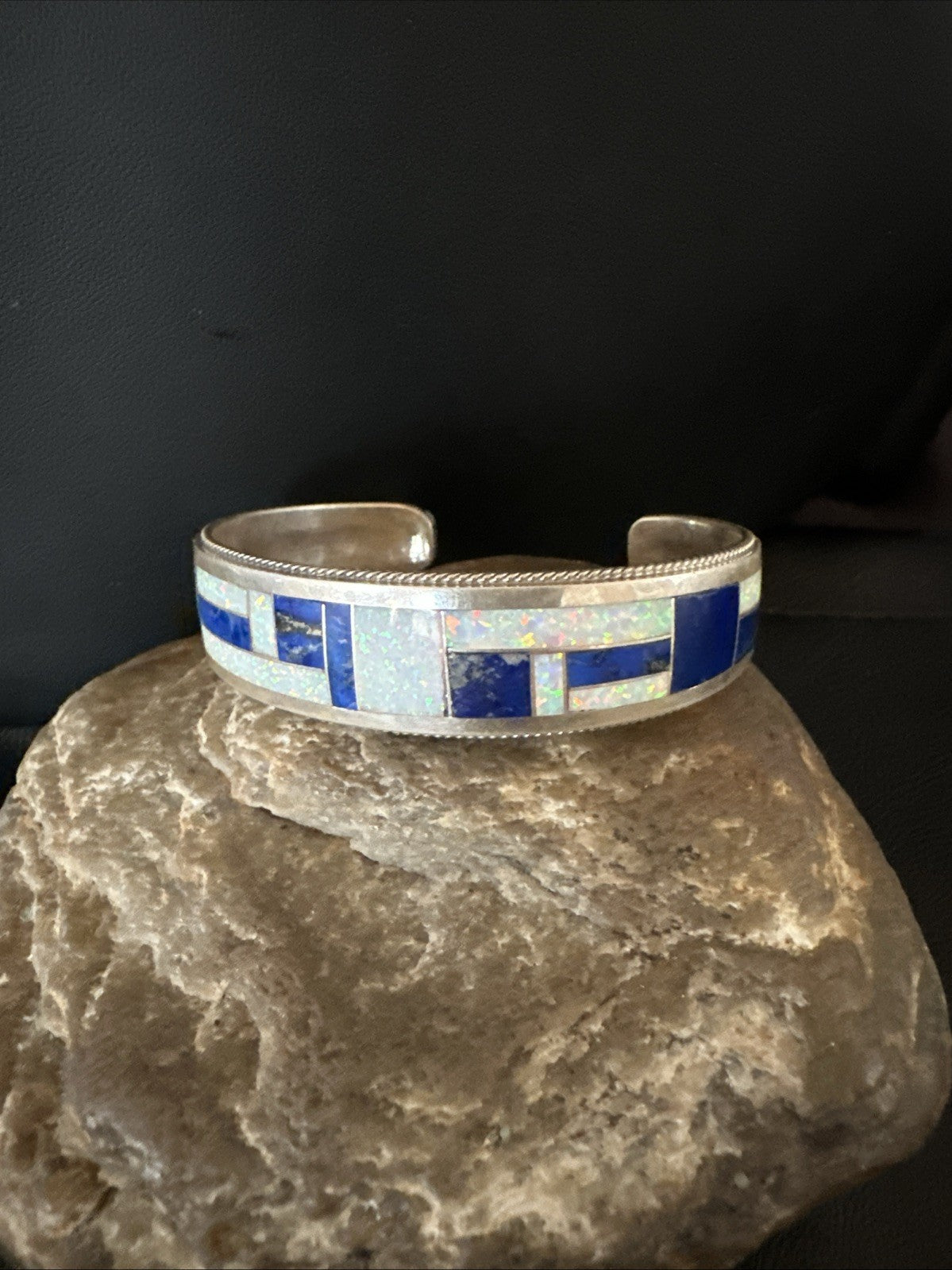 White Gilson Fire Opal Lapis Zuni Sterling Silver Inlay Bracelet 7.5" 18992