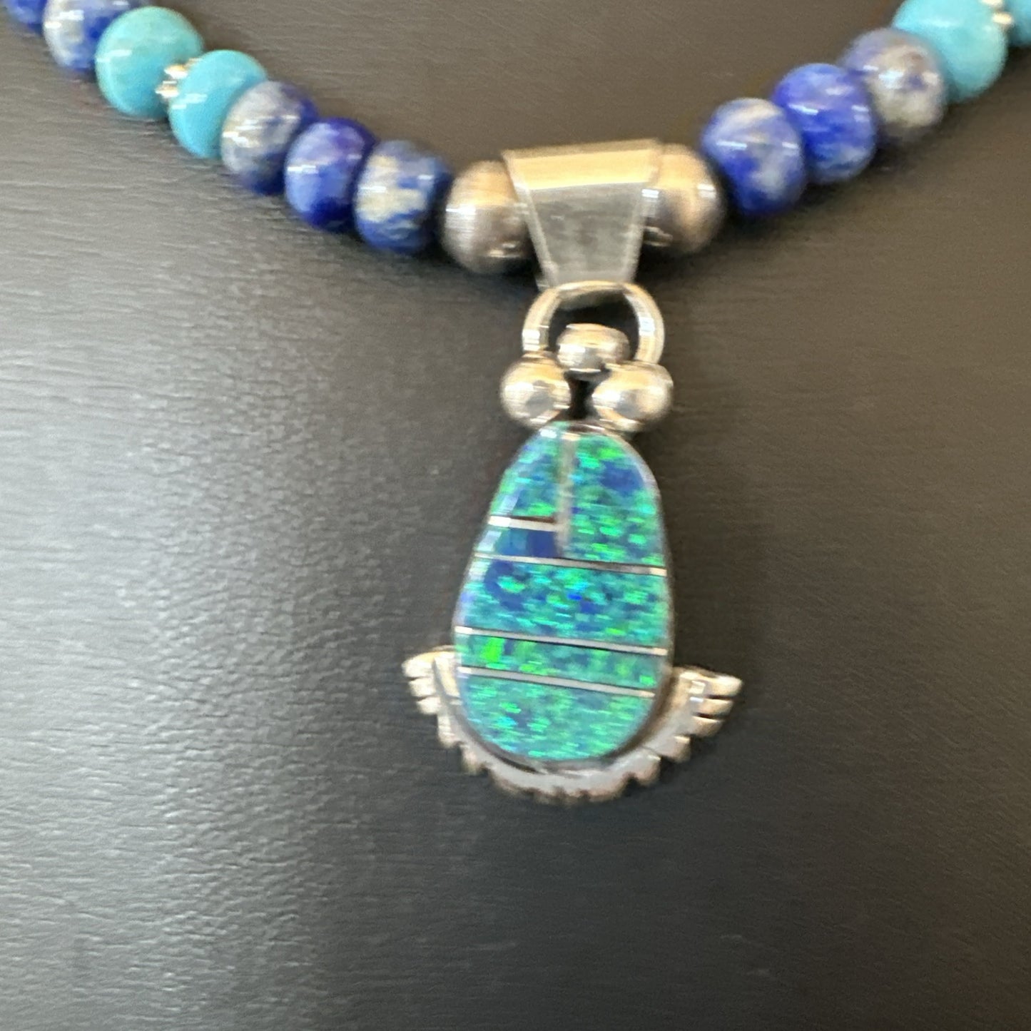 WoMens Opal Inlay Pendant Navajo Sterling Silver Blue Lapis Bead Necklace 18918