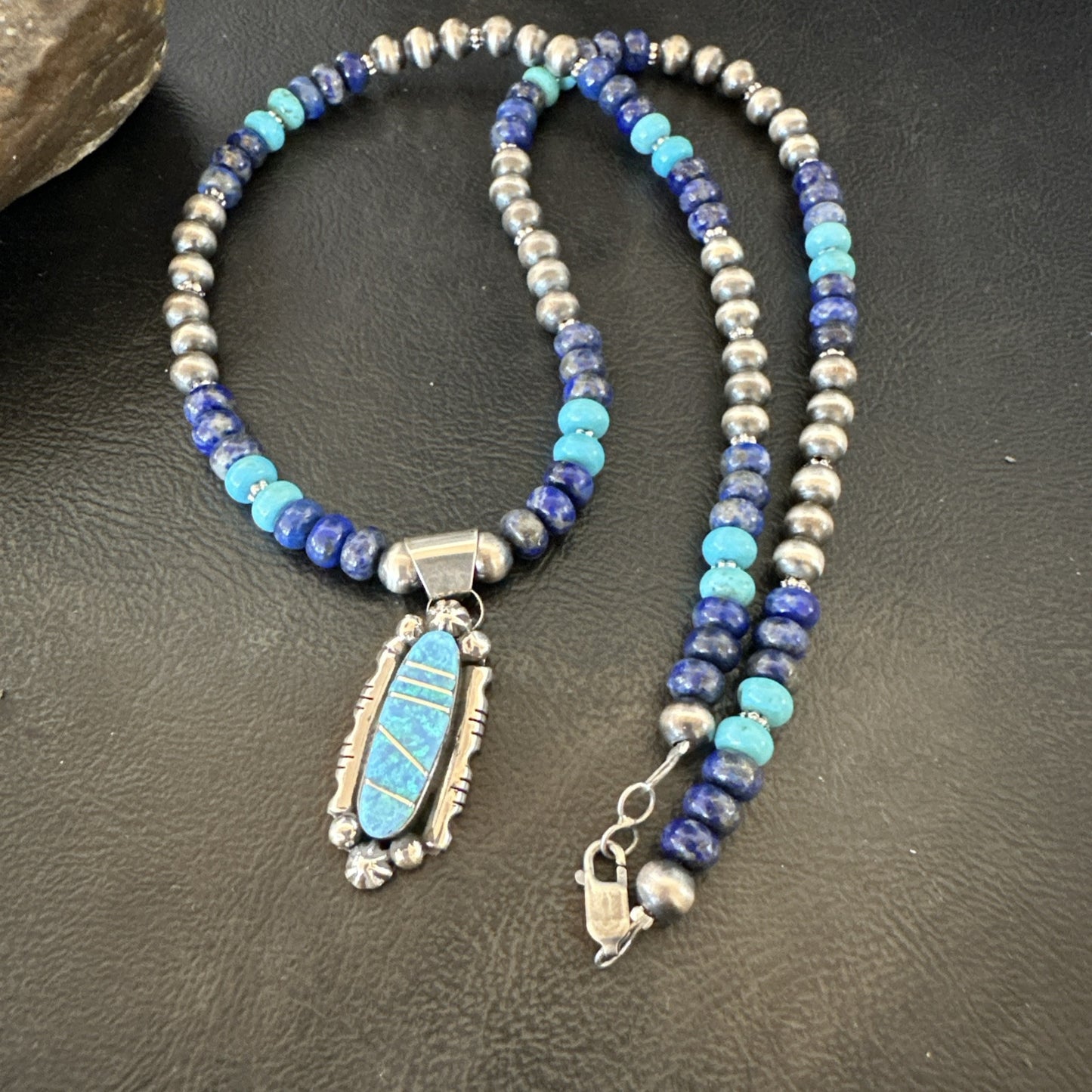 WoMens Opal Inlay Pendant Navajo Sterling Silver Blue Lapis Bead Necklace 18913