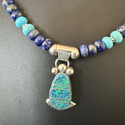 WoMens Opal Inlay Pendant Navajo Sterling Silver Blue Lapis Bead Necklace 18917