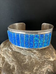 Blue Faux Gilson Wire Opal Navajo Inlay Bracelet 7.5" | Sterling Silver | Authentic Native American Handmade | 18991