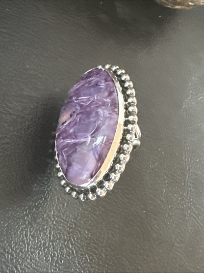 H Joe Purple Charoite Navajo Sterling Silver Oval Ring Size 7 18962