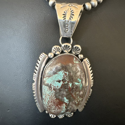 Yazzie Navajo Sterling Silver Blue Rustic Turquoise Necklace Pendant 3" 18997