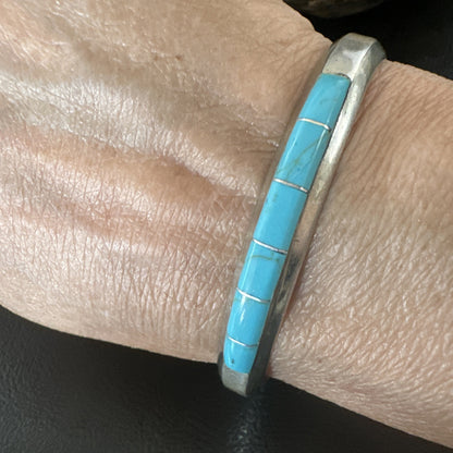 Old Pawn Blue Turquoise Navajo Sterling Silver Cuff Inlay Bracelet 18891