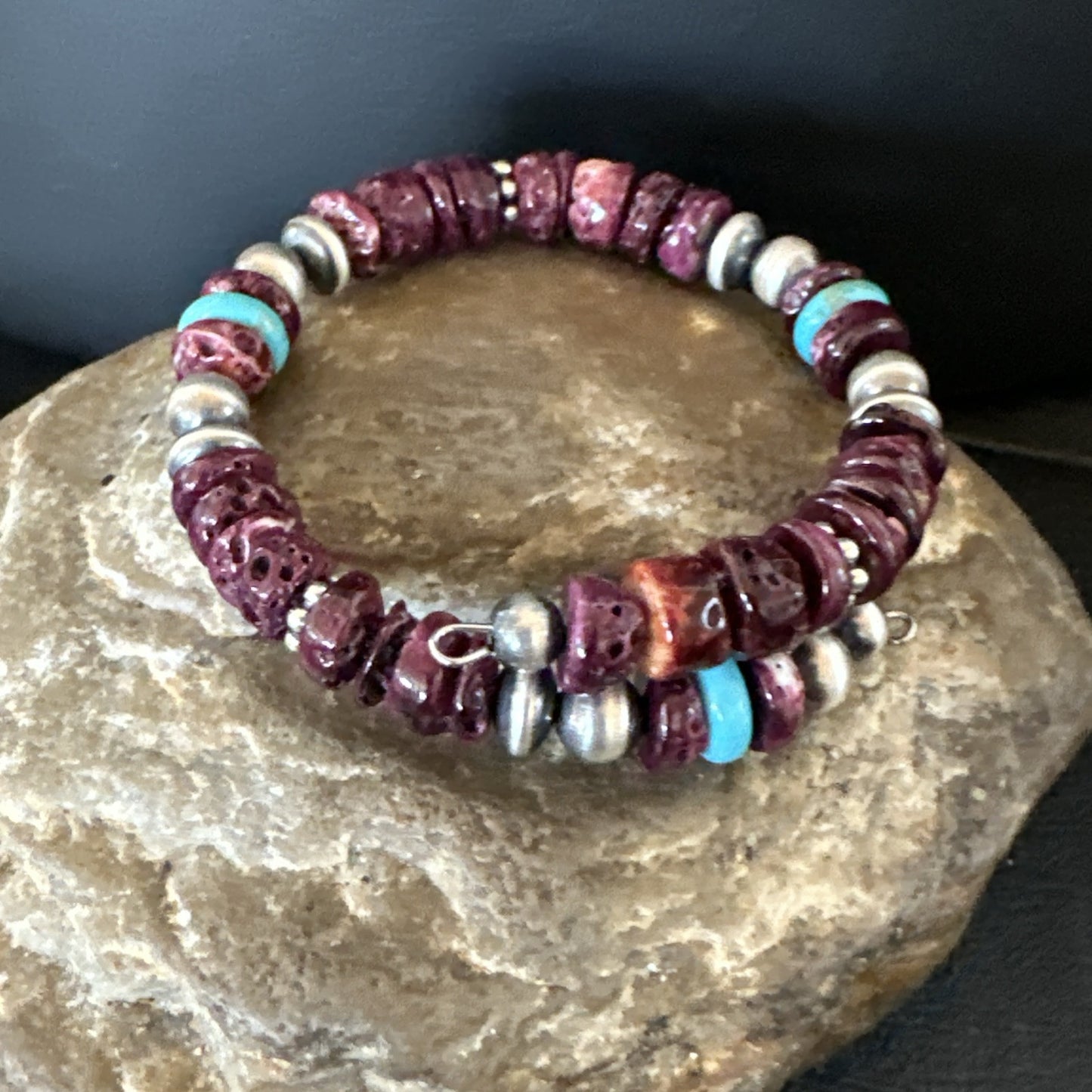 Purple Spiny Turquoise 8mm Wire Bead Wrap Bracelet Navajo Sterling Silver 18902
