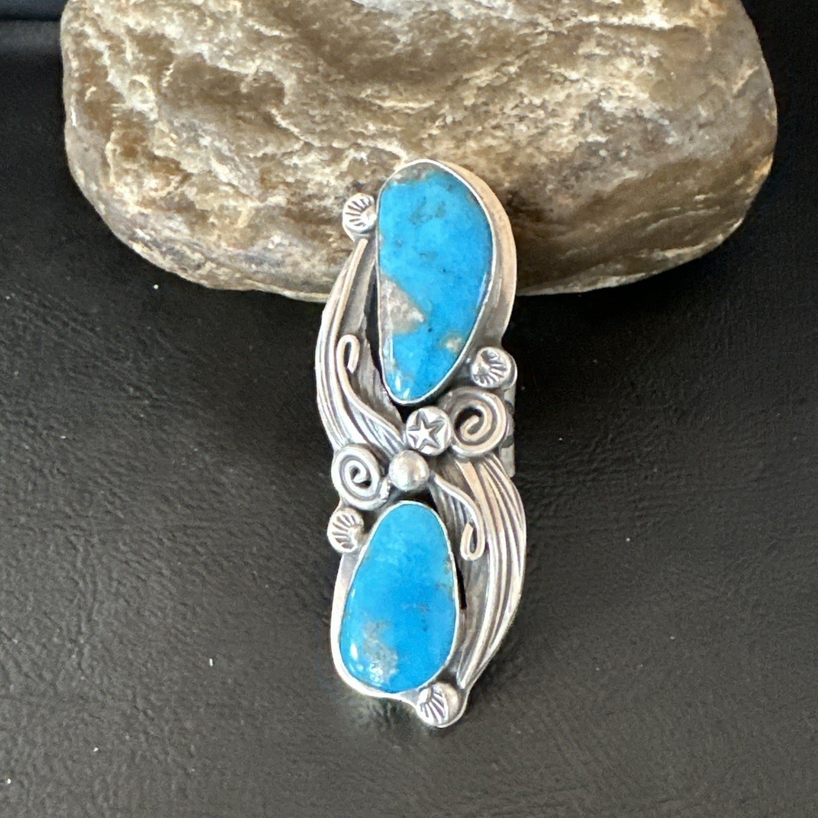 XL Navajo Cluster Blue Kingman Turquoise Sterling Silver Ring Sz 7 18989
