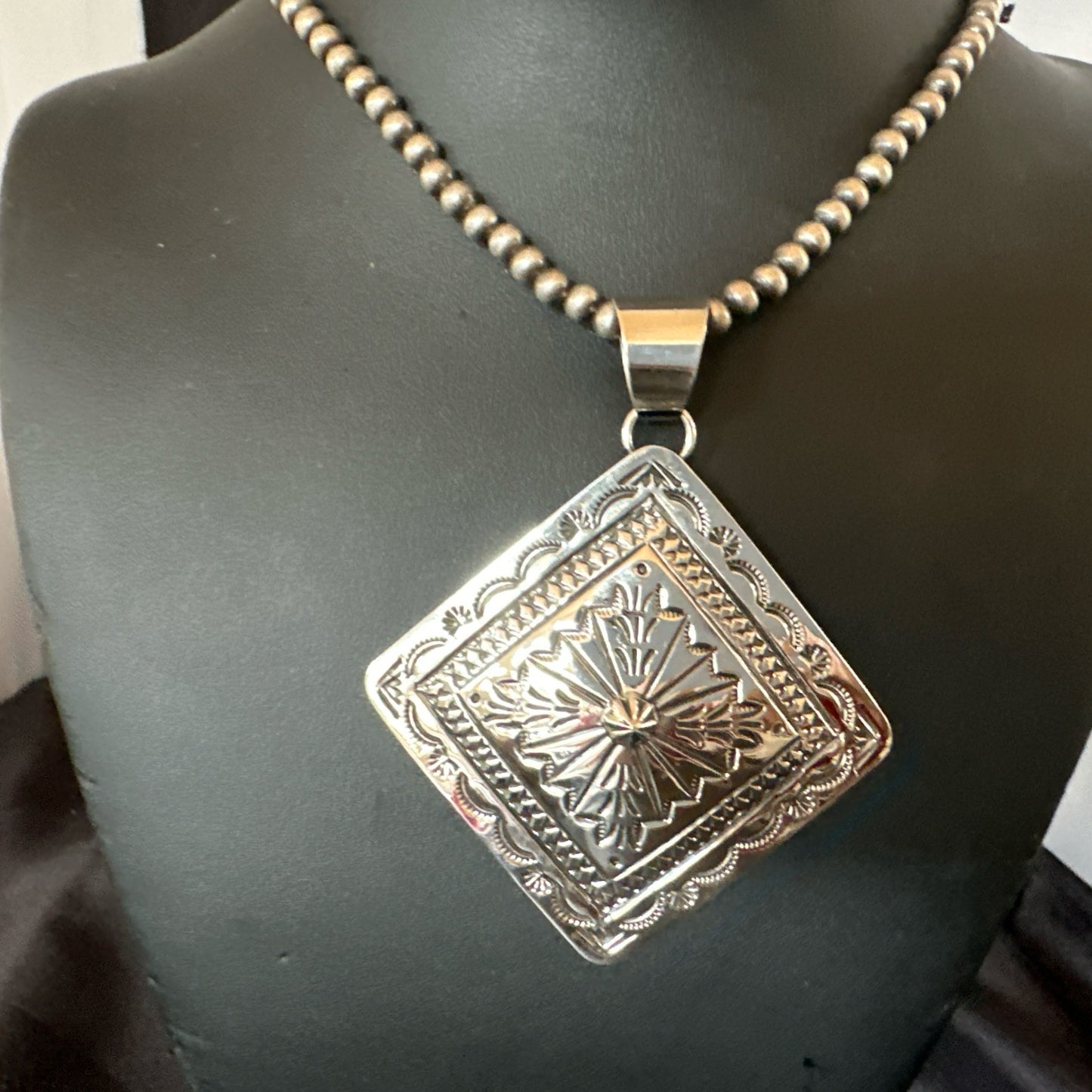 H Joe Handmade Stamped Pendant Navajo Sterling Silver Necklace 3.5" 18980