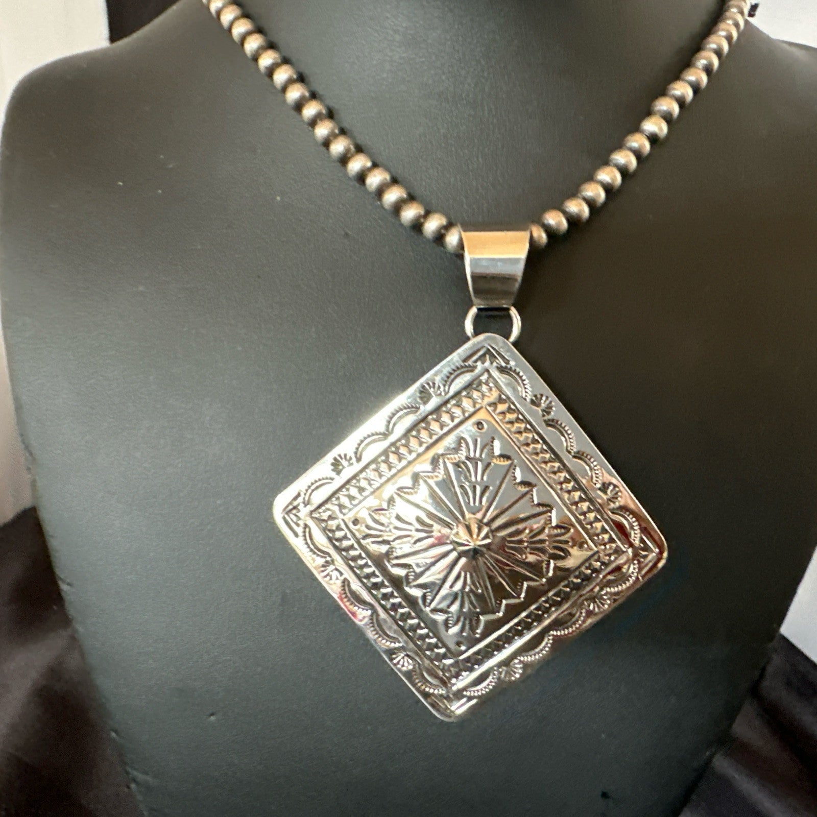 H Joe Handmade Stamped Pendant Navajo Sterling Silver Necklace 3.5" 18980