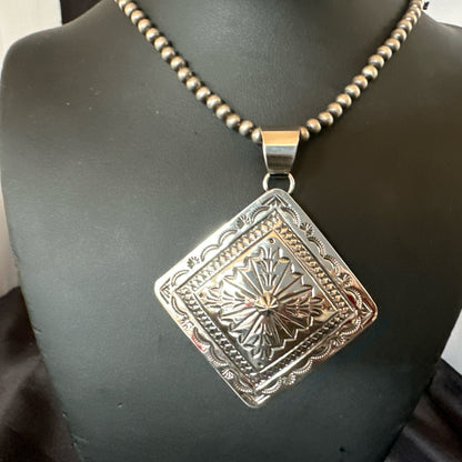 H Joe Handmade Stamped Pendant Navajo Sterling Silver Necklace 3.5" 18980