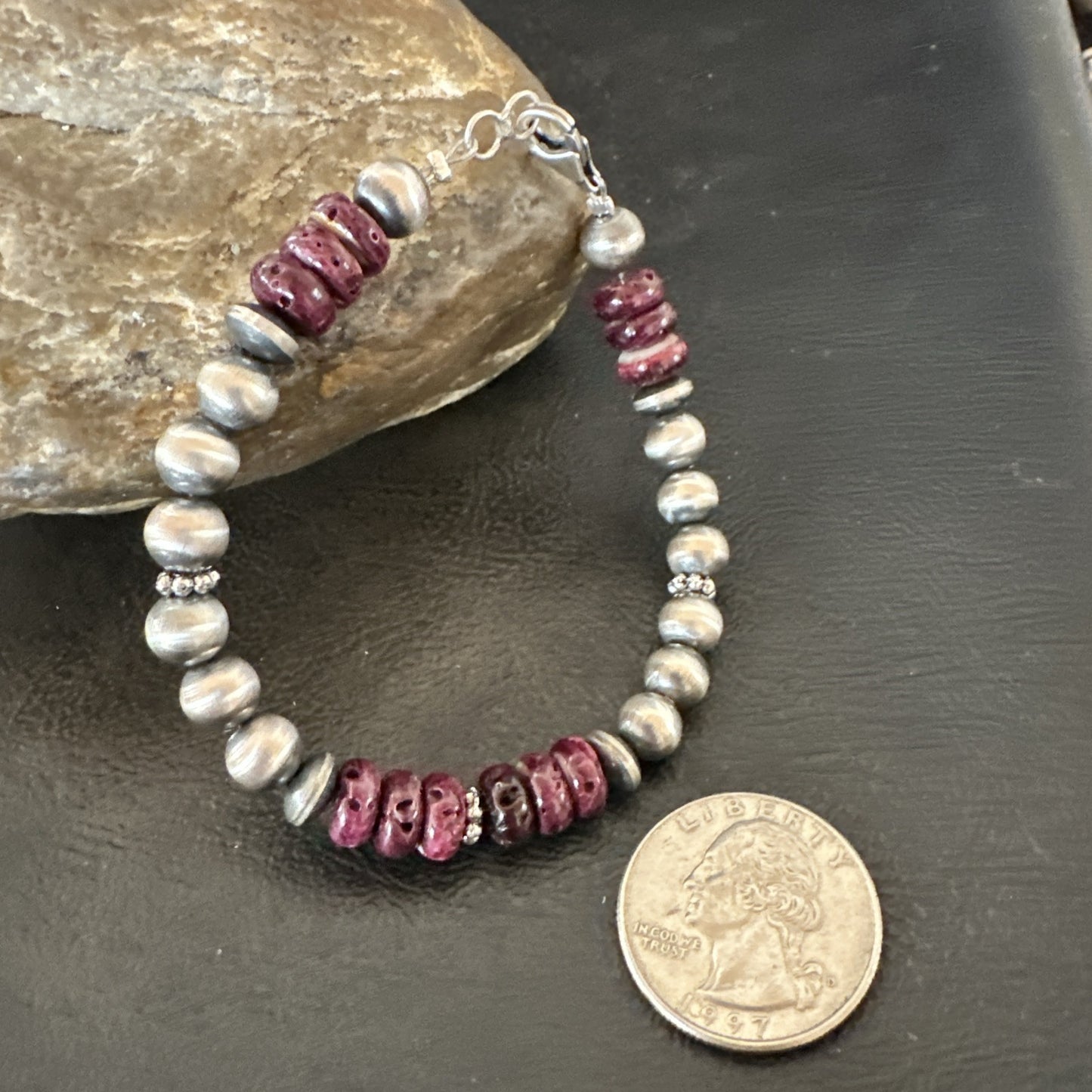 Purple Spiny Oyster 8mm Bead Bracelet Navajo Sterling Silver 6.5" 18946