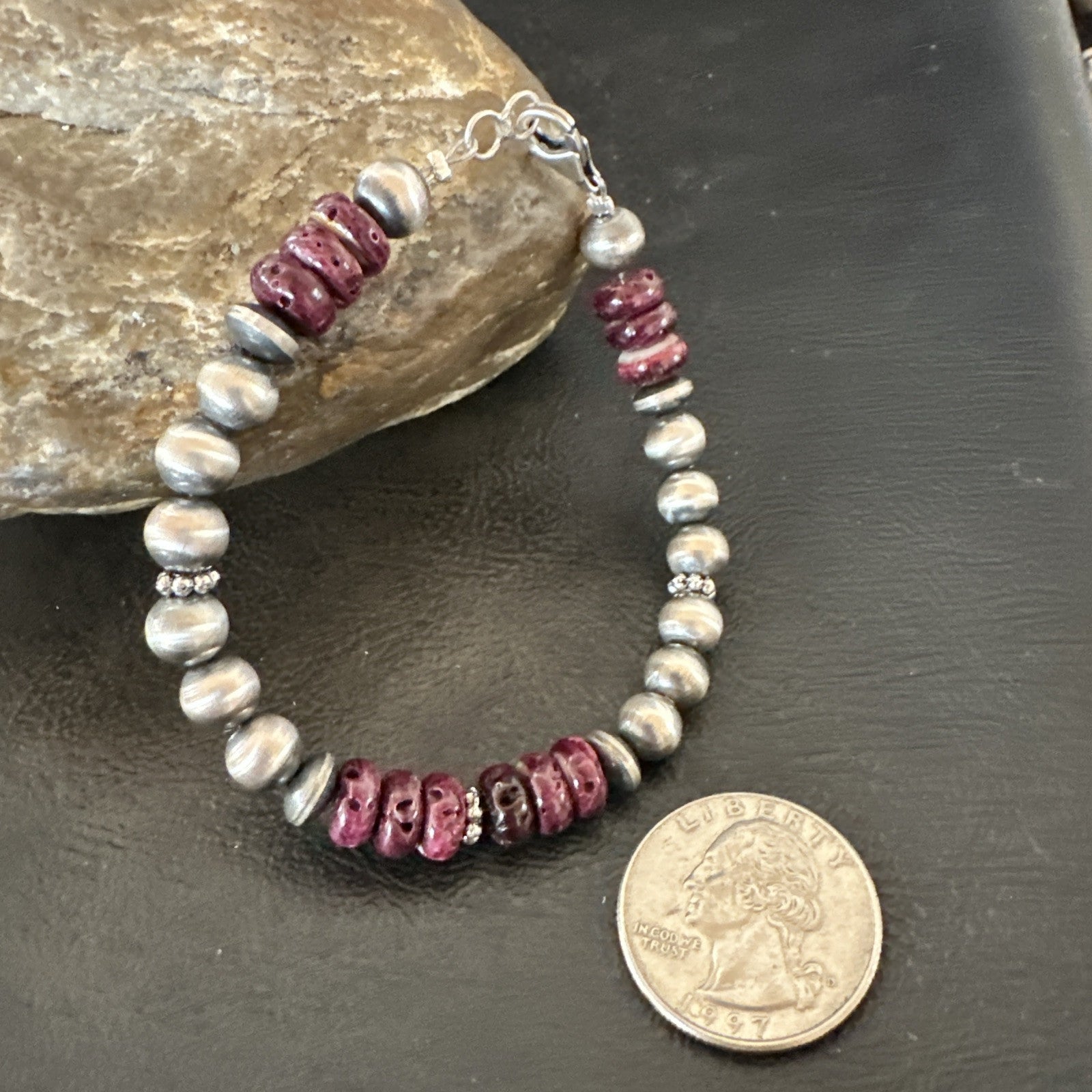 Purple Spiny Oyster 8mm Bead Bracelet Navajo Sterling Silver 6.5" 18946