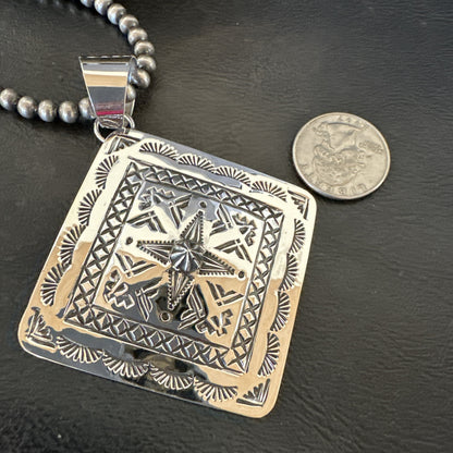 H Joe Handmade Stamped Pendant Navajo Sterling Silver Necklace 3.5" 18981