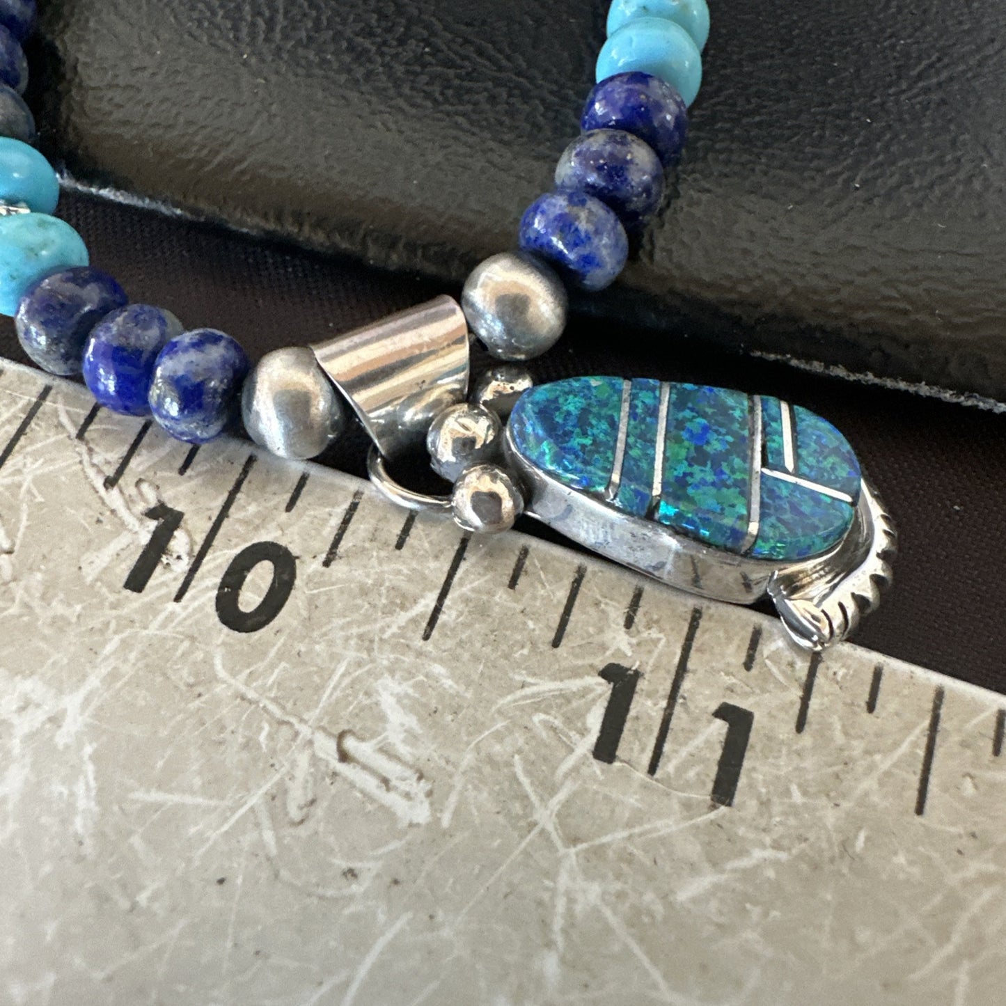 WoMens Opal Inlay Pendant Navajo Sterling Silver Blue Lapis Bead Necklace 18917