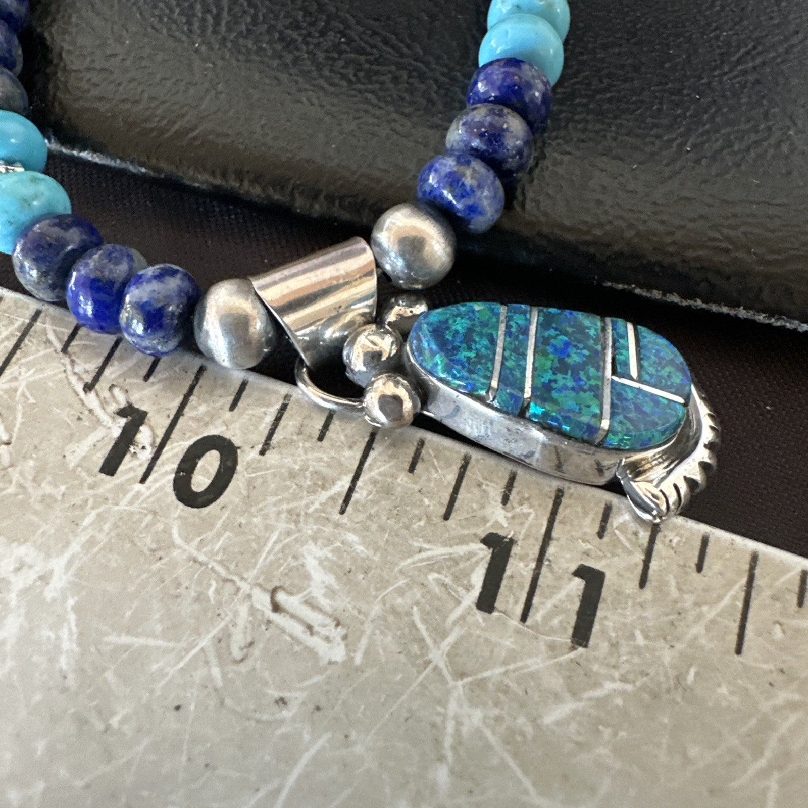 WoMens Opal Inlay Pendant Navajo Sterling Silver Blue Lapis Bead Necklace 18917