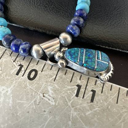 WoMens Opal Inlay Pendant Navajo Sterling Silver Blue Lapis Bead Necklace 18917
