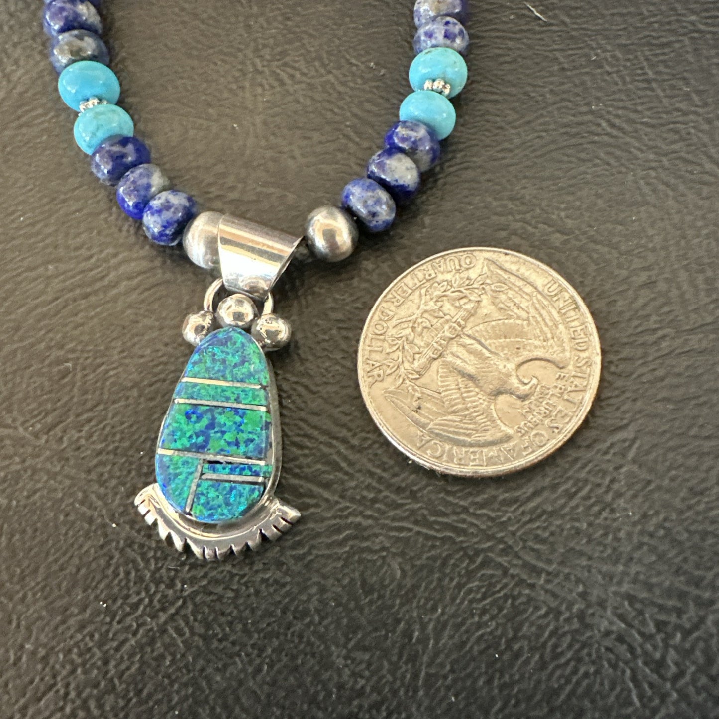 WoMens Opal Inlay Pendant Navajo Sterling Silver Blue Lapis Bead Necklace 18917