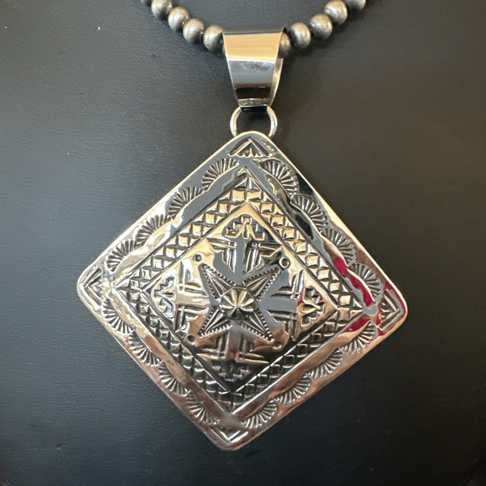 H Joe Handmade Stamped Pendant Navajo Sterling Silver Necklace 3.5" 18981