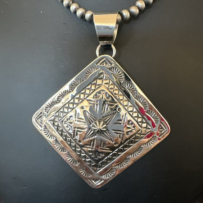 H Joe Handmade Stamped Pendant Navajo Sterling Silver Necklace 3.5" 18981