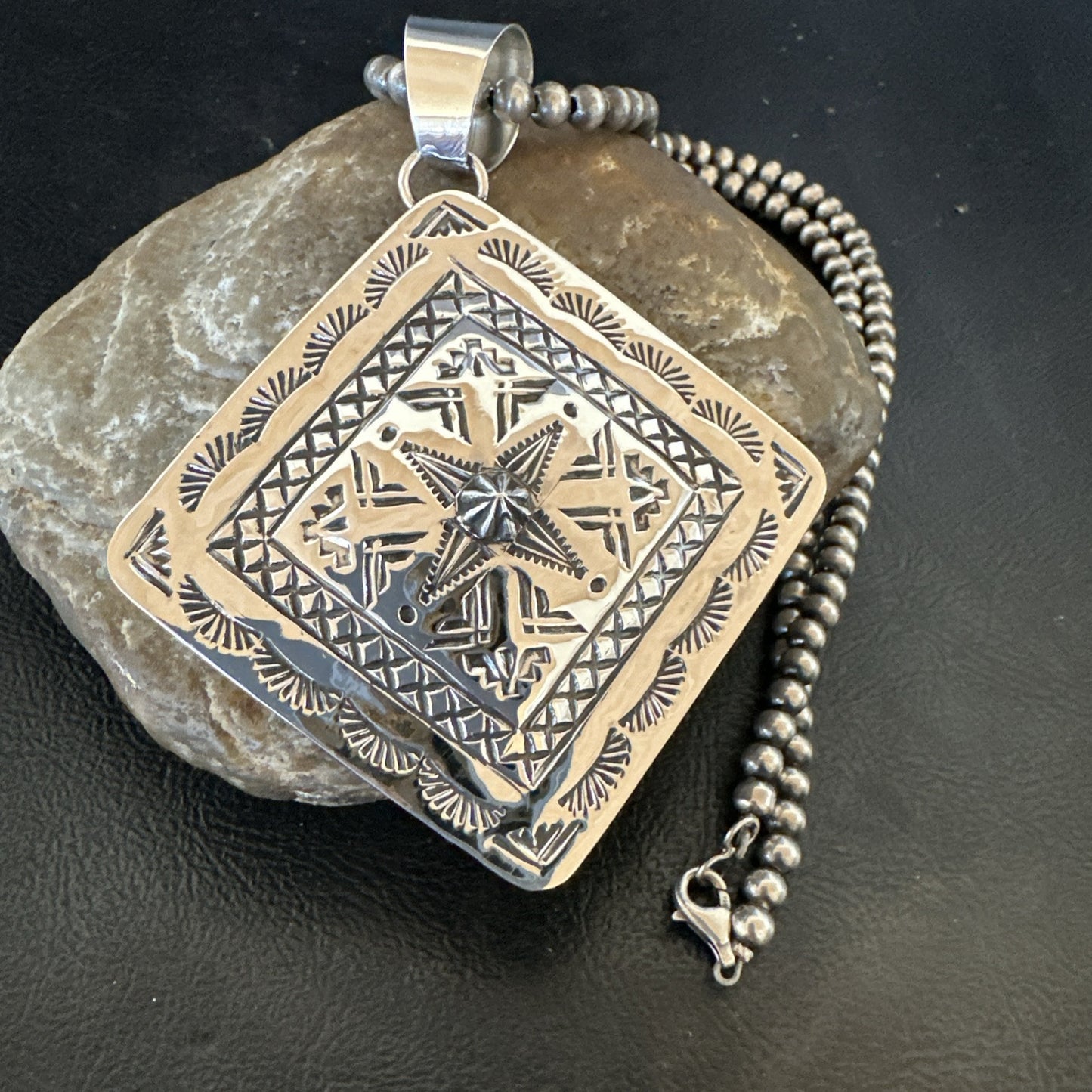 H Joe Handmade Stamped Pendant Navajo Sterling Silver Necklace 3.5" 18981