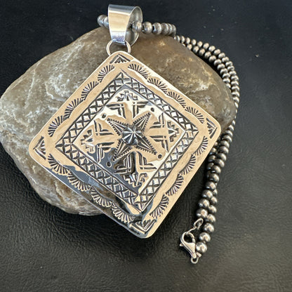 H Joe Handmade Stamped Pendant Navajo Sterling Silver Necklace 3.5" 18981