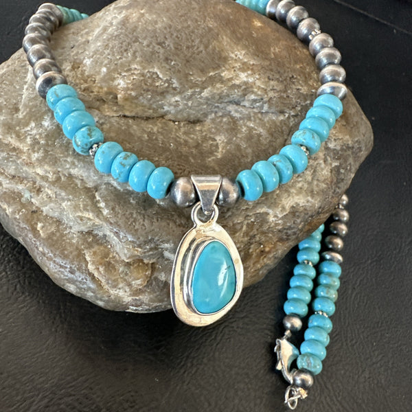 Women's Blue Kingman Turquoise Pendant Navajo Necklace 21" | Sterling Silver | Authentic Native American Handmade | 18939