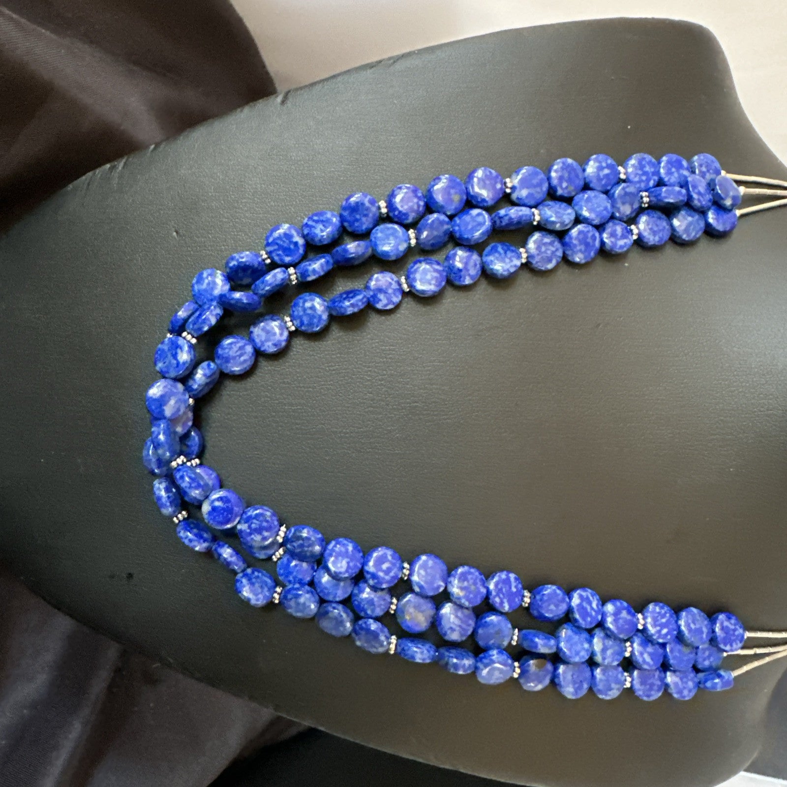 Blue Lapis Heishi 8mm Bead Liquid Sterling Silver 3 Strand Necklace 19" 18961