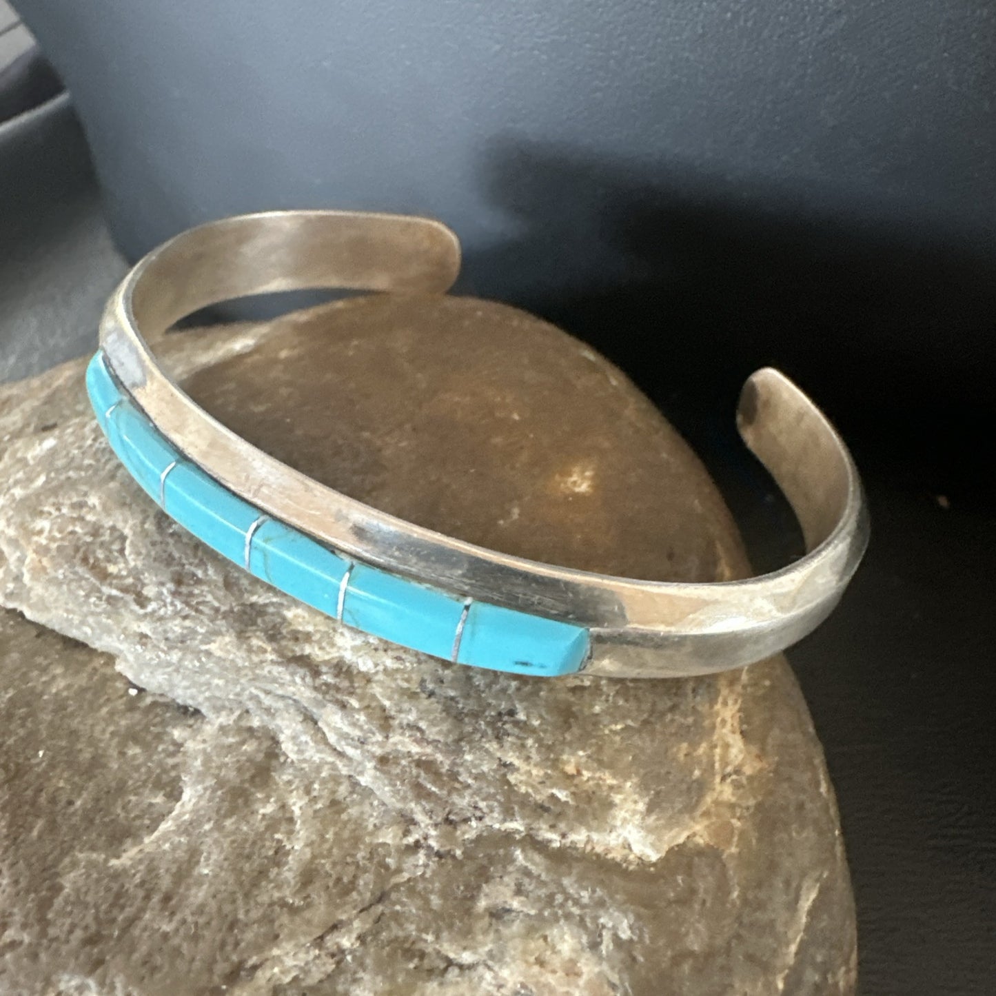 Old Pawn Blue Turquoise Navajo Sterling Silver Cuff Inlay Bracelet 18891