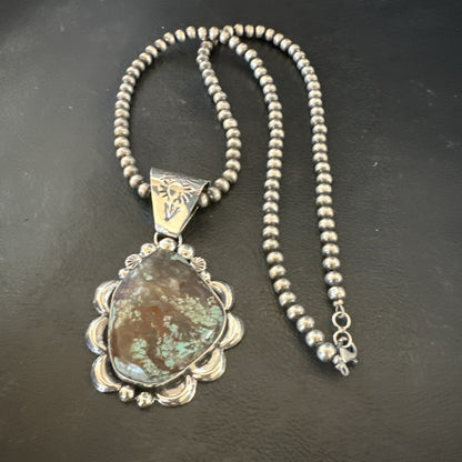 Navajo Sterling Silver Green Rustic Turquoise Necklace Pendant 2.75” 19012