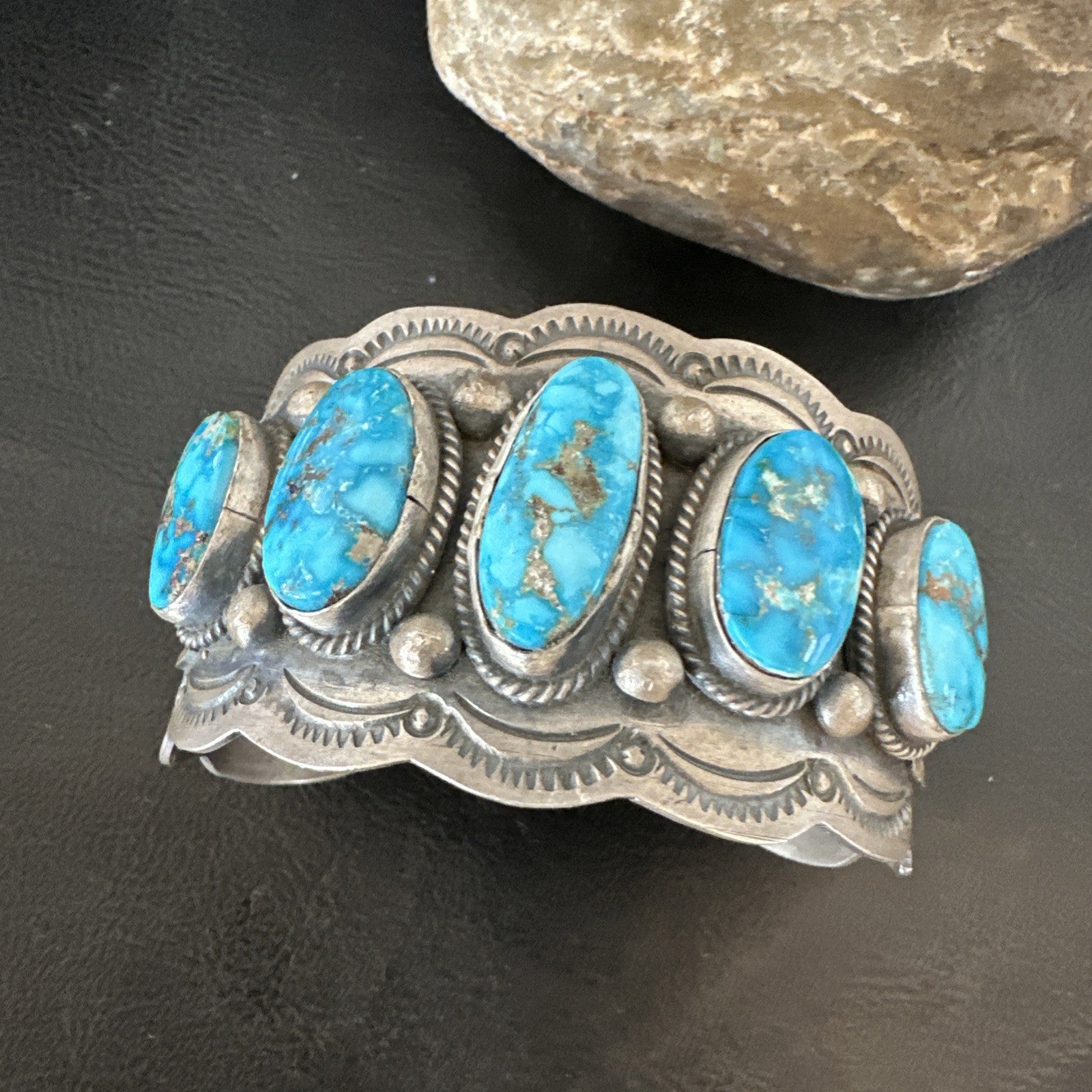 Mens Blue Kingman Turquoise Sterling SIlver Cluster Cuff Bracelet 8.2" 18875