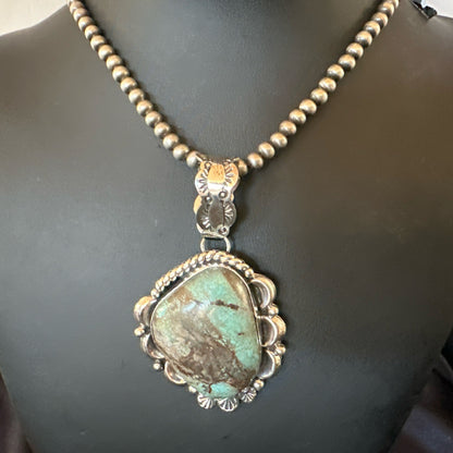 Navajo Sterling Silver Green Rustic Turquoise Necklace Pendant 2.75” 19013
