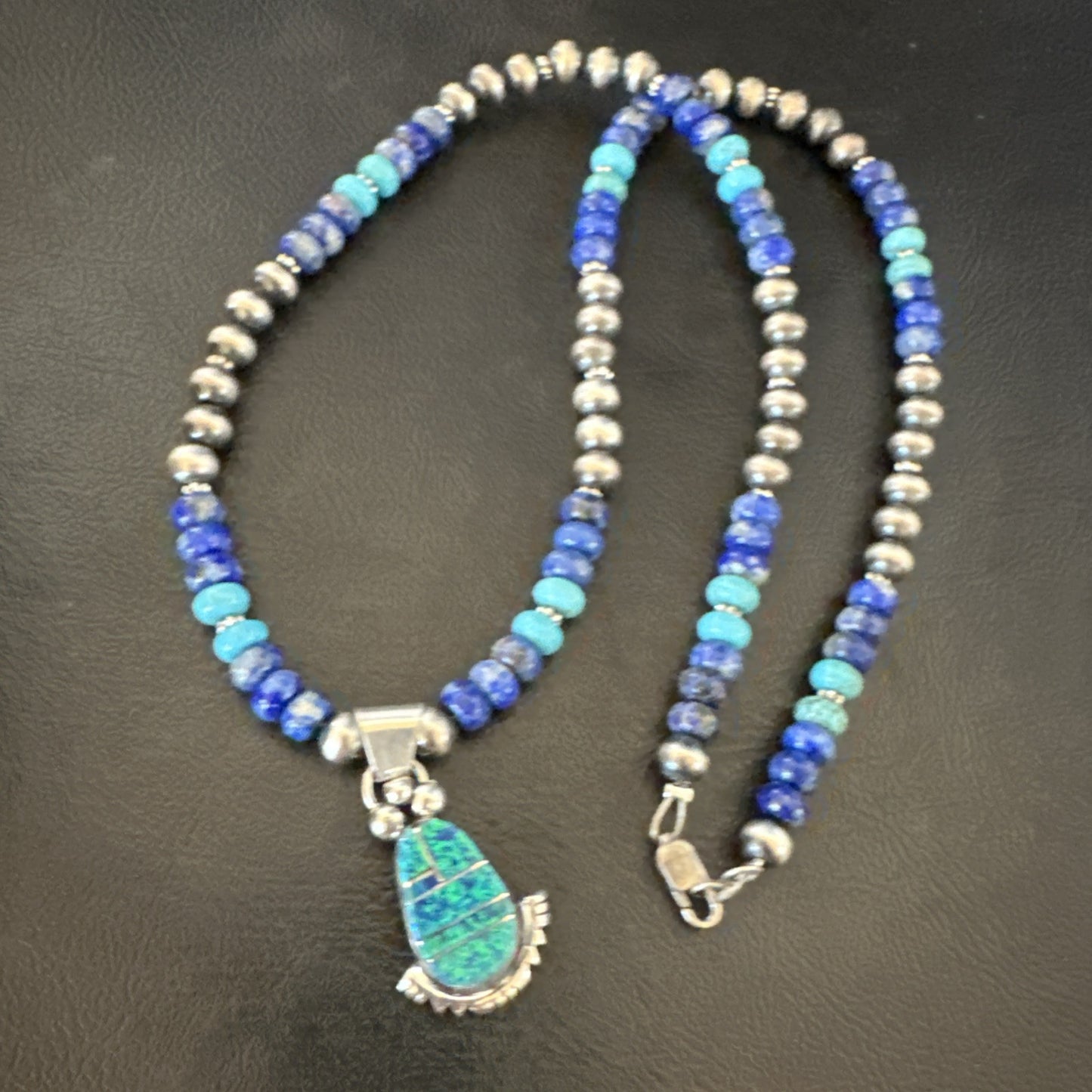 WoMens Opal Inlay Pendant Navajo Sterling Silver Blue Lapis Bead Necklace 18918