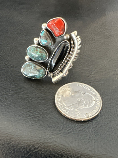 Navajo Cluster Onyx Blue Turquoise Coral Sterling Silver Ring Sz 7.5 18886