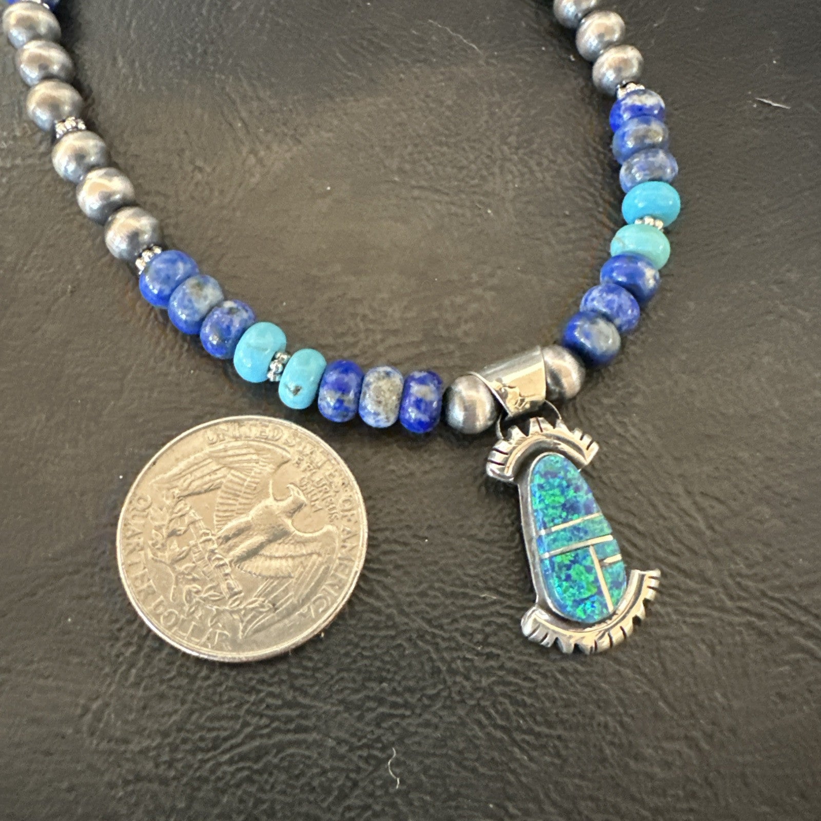 WoMens Opal Inlay Pendant Navajo Sterling Silver Blue Lapis Bead Necklace 18920