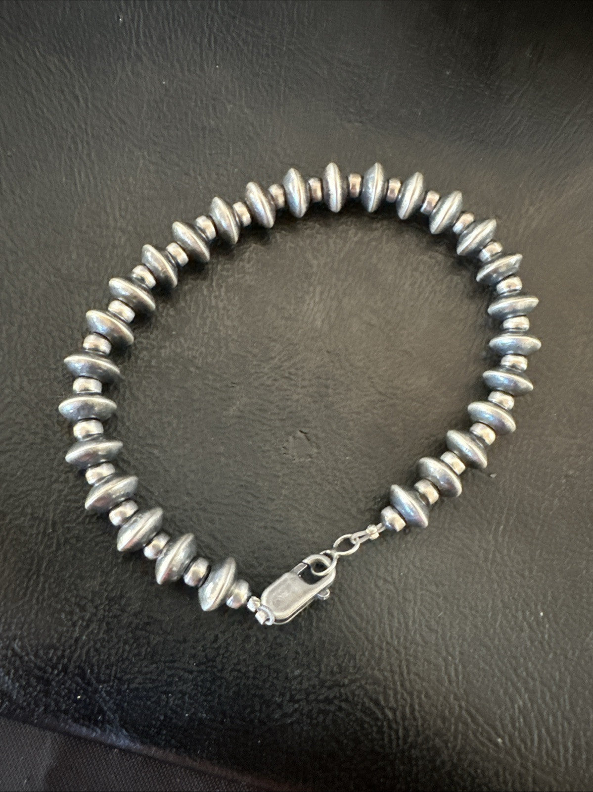 Navajo 8mm Flat 4mm Round Beads 6”Sterling Silver Bracelet B2