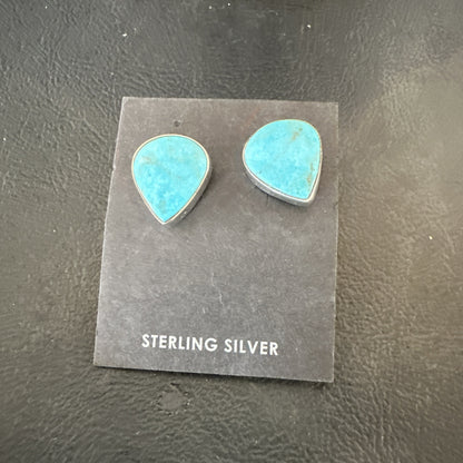 Blue Kingman Turquoise Navajo Sterling Silver Post Stud Earrings 18952