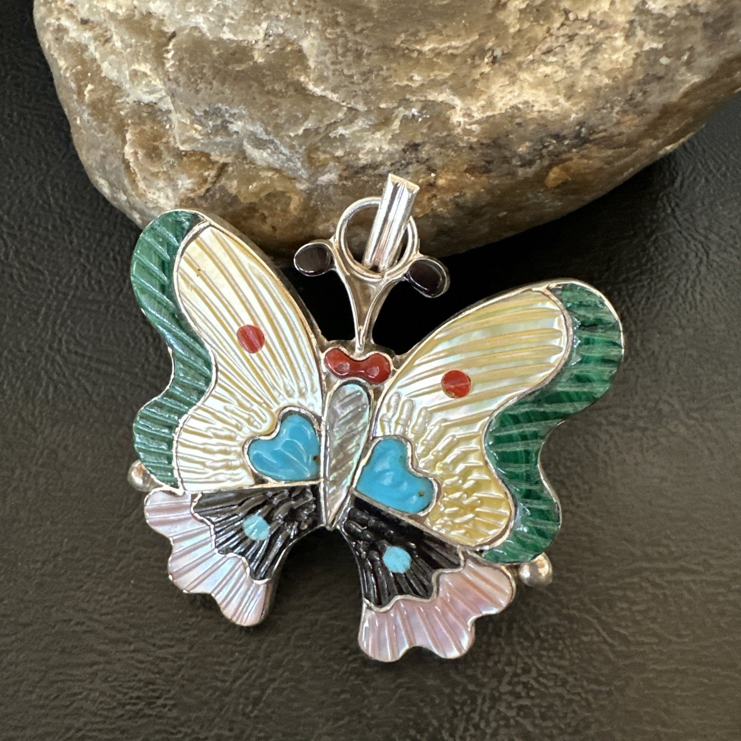 Zuni Turquoise Spiny MOP Onyx Butterfly Sterling Silver Beads Pendant 18903