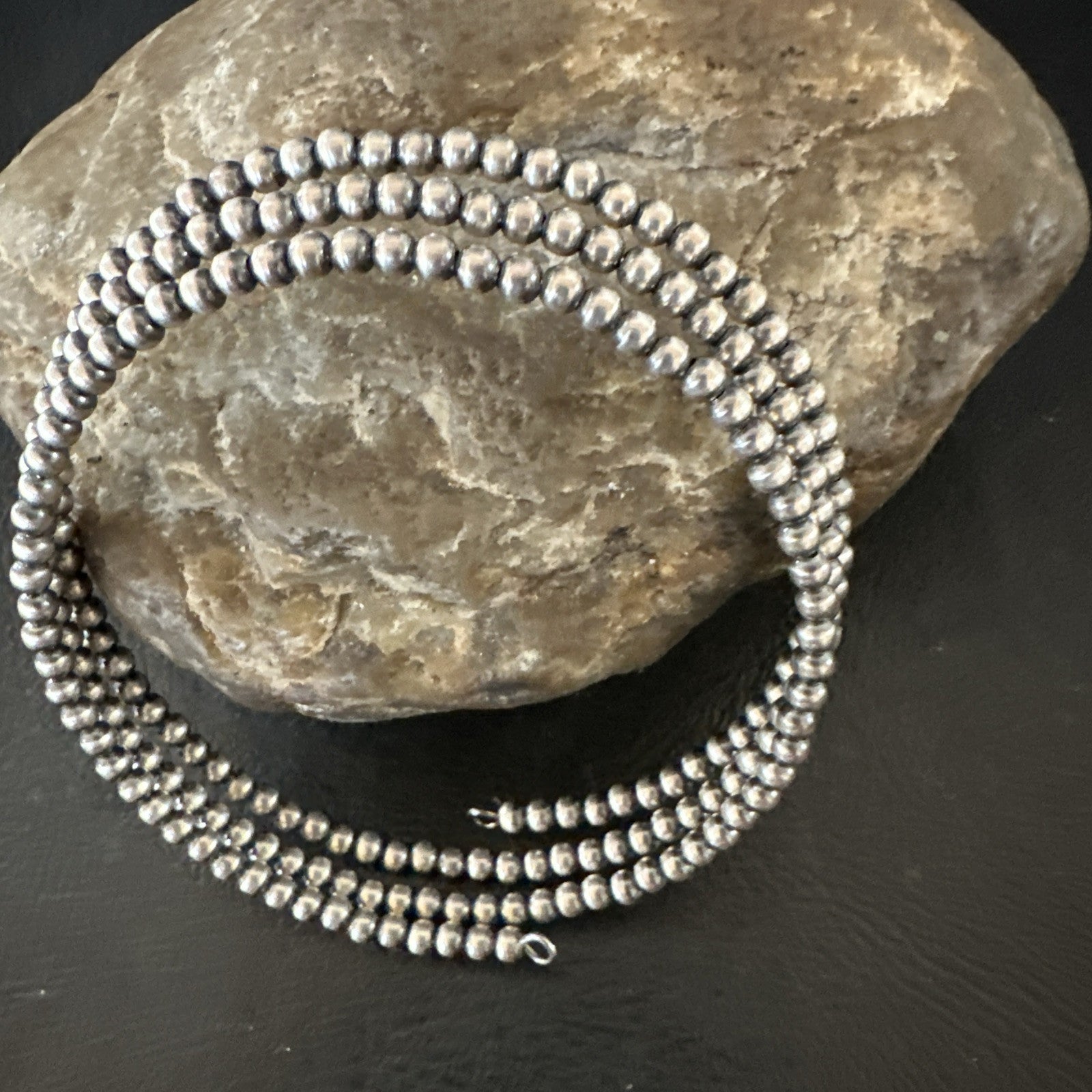 Sterling Silver Navajo Pearls 3mm Beads Stainless Steel Wire Wrap Bracelet 90313