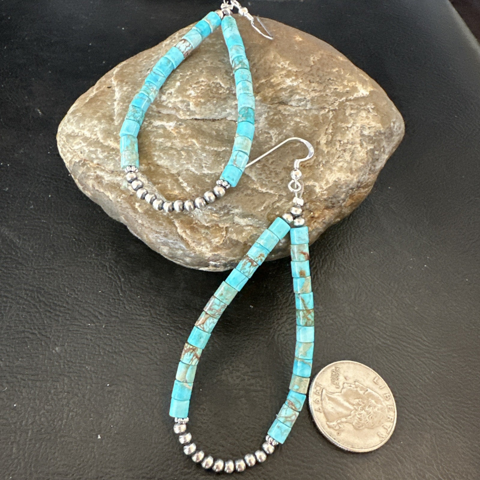 Blue Turquoise Heishi Navajo Sterling Silver Beads Earrings 2.5” 18953