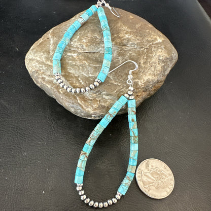 Blue Turquoise Heishi Navajo Sterling Silver Beads Earrings 2.5” 18953