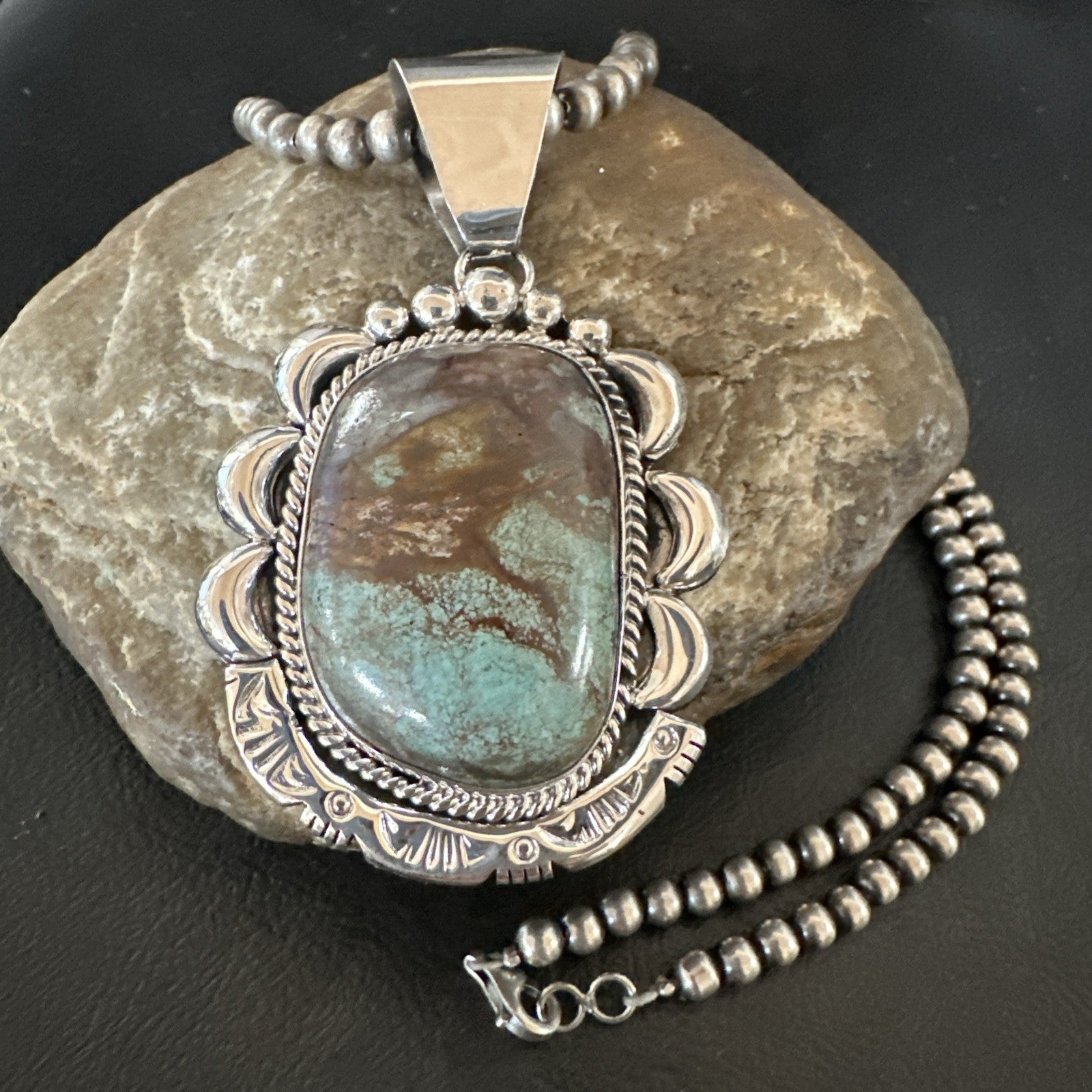 Yazzie Navajo Sterling Silver Blue Rustic Turquoise Necklace Pendant 18976
