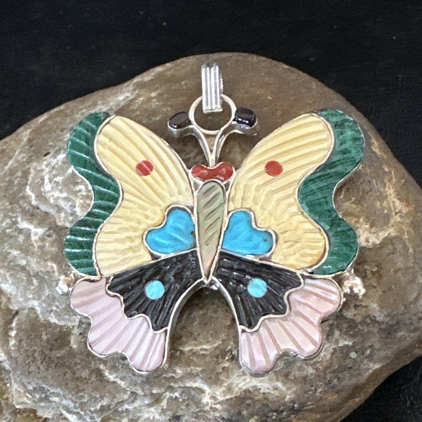 Zuni Turquoise Spiny MOP Onyx Butterfly Sterling Silver Beads Pendant 18903