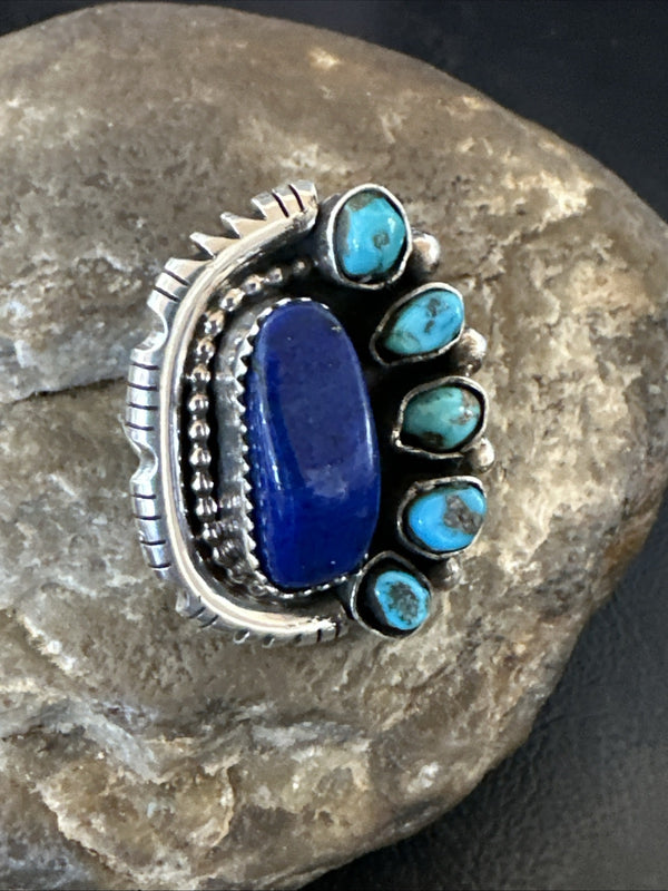 Navajo Cluster Lapis Kingman Turquoise Ring Sz 9 | Sterling Silver | Authentic Native American Handmade | 18885