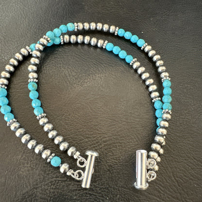 Blue Turquoise Faceted Bead Navajo Sterling Silver Beads Bracelet 7.5" 18999