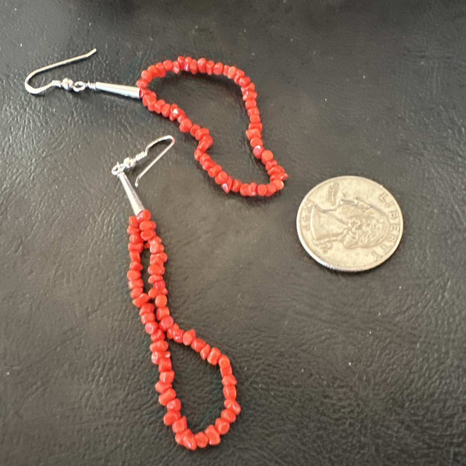 Real Red Orange Coral Nuggets Southwestern Sterling Silver Earrings 2.5” 18956