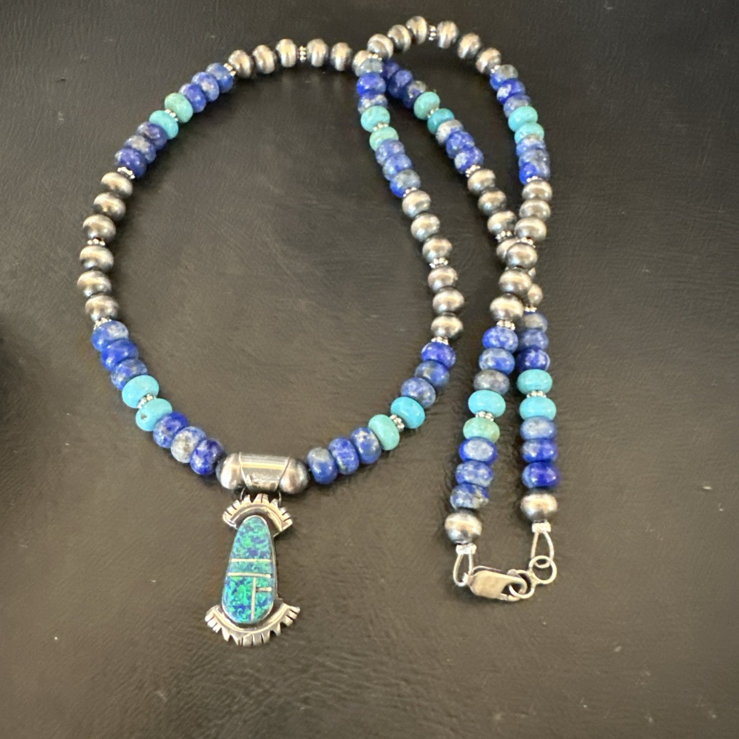 WoMens Opal Inlay Pendant Navajo Sterling Silver Blue Lapis Bead Necklace 18920