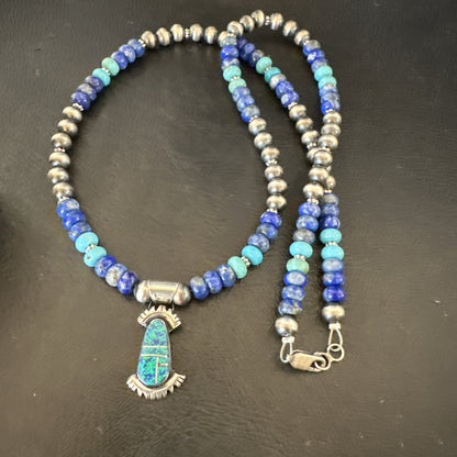 WoMens Opal Inlay Pendant Navajo Sterling Silver Blue Lapis Bead Necklace 18920